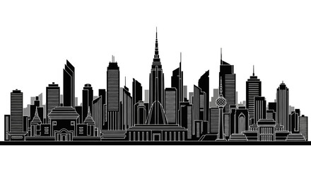 Fototapeta premium Black and white city skyline silhouette illustration