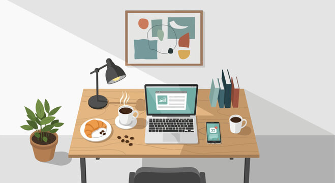 Home office desk setup with laptop, coffee, croissant and plant. Remote work concept.