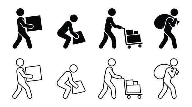 Set of delivery icons, people carrying boxes and packages, courier with trolley, man with sack on shoulder, vector illustration