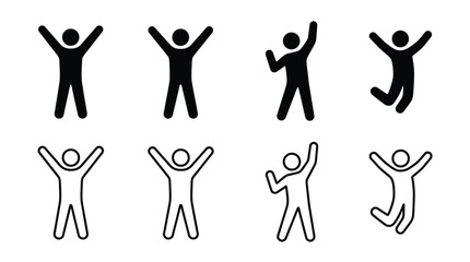 Obraz premium Set of happy people icons, stick figures with arms raised, celebrating success, jumping for joy, cheering, vector illustration