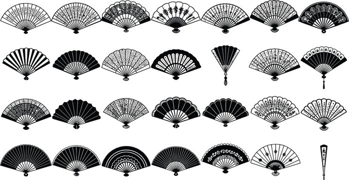 Traditional oriental folding hand fans black and white silhouette vector set