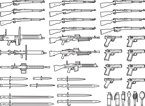 A collection of various firearm types, including rifles, submachine guns, pistols, bayonets, and grenades, are depicted in a detailed line drawing, showcasing military armaments.