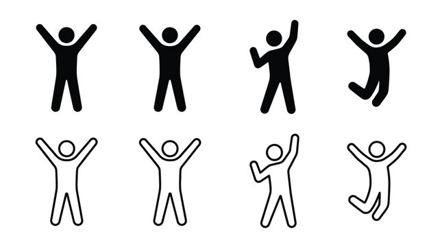 Set of happy people icons, stick figures with arms raised, celebrating success, jumping for joy, cheering, vector illustration