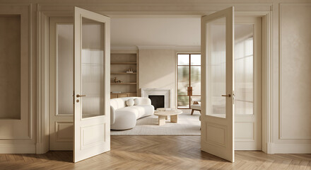 Fototapeta premium An open doorway reveals a modern living room with a curved sofa, coffee table, and fireplace, bathed in soft natural light.