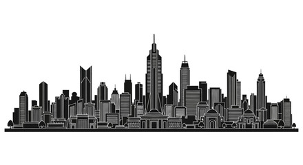 Obraz premium Black and white detailed city skyline silhouette on white background