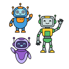 Obraz premium Cute cartoon robots waving hello, playful digital assistants, and friendly artificial intelligence characters designed for technology and innovation themes