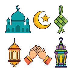 Fototapeta premium Vibrant Collection of Islamic Festival Icons and Symbols Mosque, Crescent Moon, Ketupat, Lanterns, and Prayer Hands for Cultural Holiday Celebrations