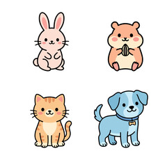 Fototapeta premium Cute Cartoon Animals Set A Delightful Collection of Adorable Bunnies, Hamsters, Cats, and Dogs for Various Uses