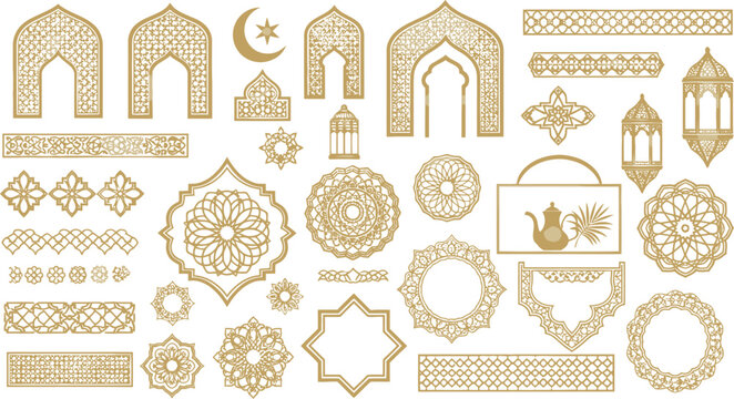 Golden Islamic decorative elements set with traditional patterns and ornaments