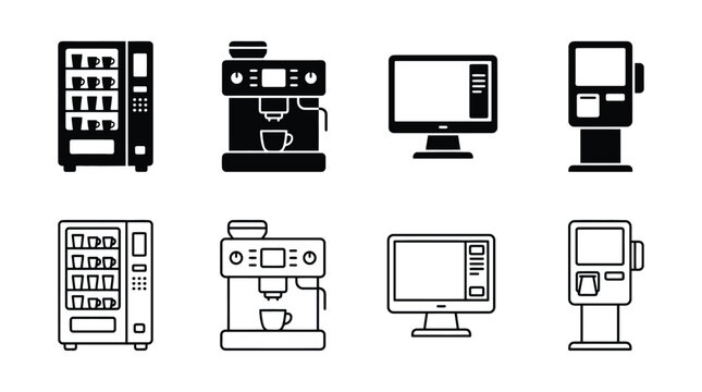Set of vending machine, coffee machine, monitor and payment kiosk icons vector illustration of electronic devices in solid and outline style