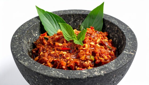 Sambal terasi in stone mortar bowl, isolated on white background