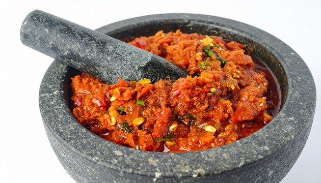 Sambal terasi in stone mortar bowl, isolated on white background