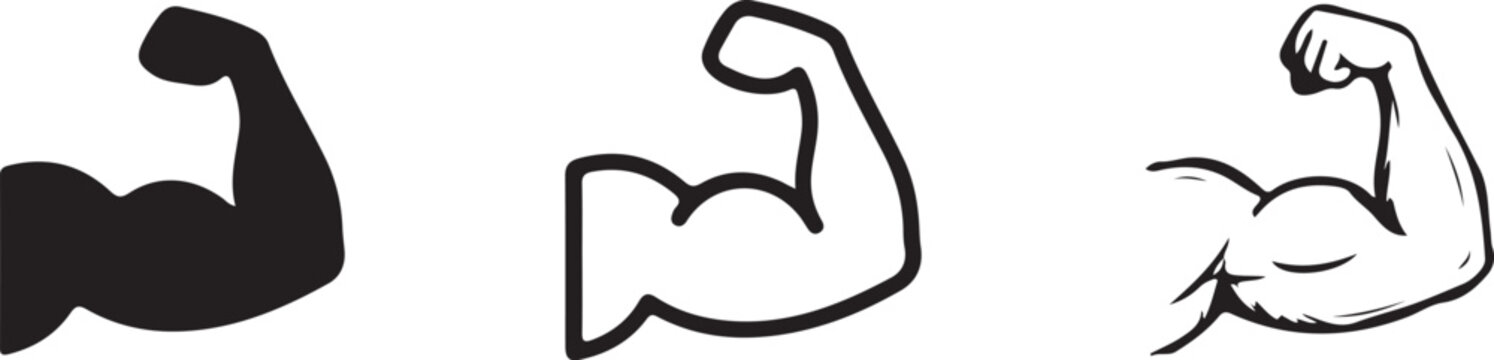 Bicep muscle flex icons solid outline and sketchy styles showing strength.