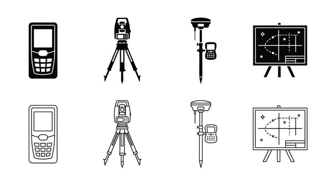 Land surveying equipment icons set vector illustration of total station, gps receiver, handheld data collector and engineering plan on tripod