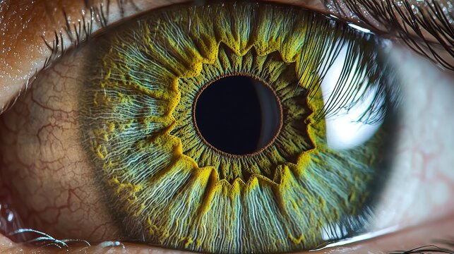 Iris color brilliance macro yellow-green eye natural color variations fiber patterns corneal reflections professional photography stunning detail