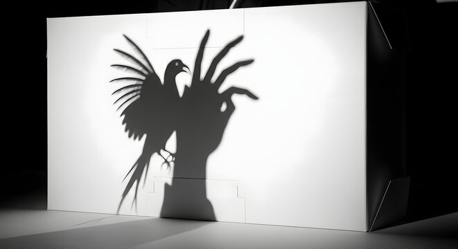 A captivating black and white shadow puppet performance depicting a detailed bird, possibly a pheasant, formed by a human hand on a bright screen.