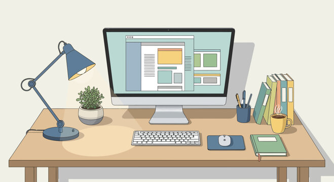 Modern Home Office Desk Setup with Computer, Lamp, Books, and Plant