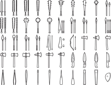A collection of historical weapon illustrations, showcasing a variety of ancient weaponry from maces and axes to arrows and knives.