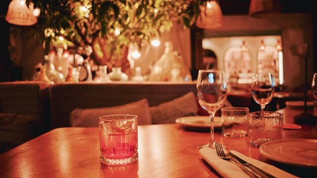 Elegant negroni cocktail served on a rustic wooden table inside a dimly lit cozy restaurant setting at night.