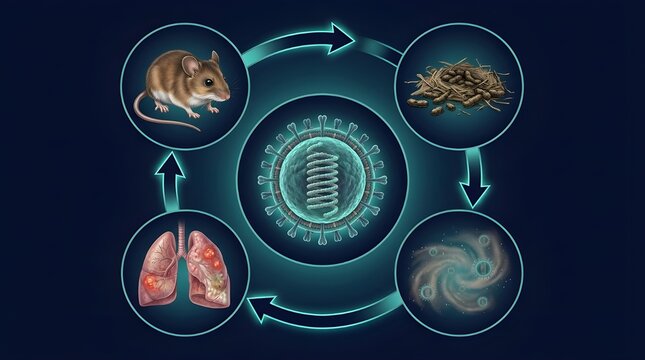 Hantavirus transmission cycle infographic, circular medical diagram showing deer mouse, rodent droppings, airborne viral particles, and infected human lungs.