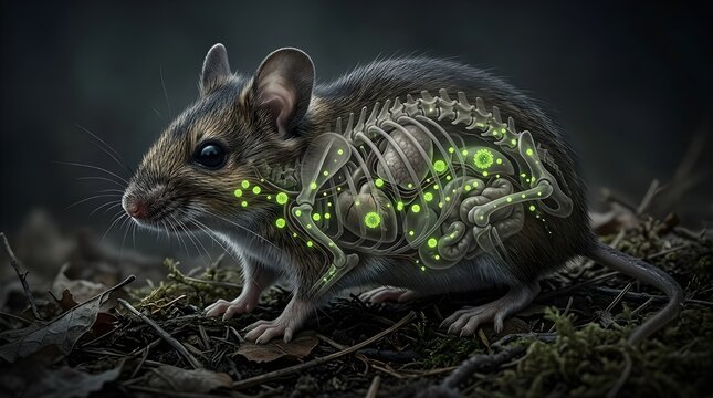 Conceptual 3D illustration of a deer mouse as a hantavirus carrier, showing an X-ray view of internal organs, skeleton, and glowing green viral particles.