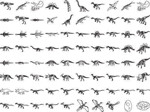 A collection of detailed, artistic illustrations showcases a diverse array of prehistoric dinosaurs, meticulously rendered to capture their distinct forms and ancient grandeur.