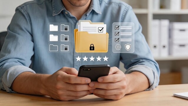 Man using smartphone for secure cloud storage, managing locked folders and files with high rating, representing data protection, backup solutions and mobile document organization