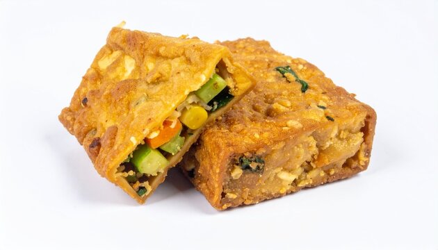 Tahu isi stuffed fried tofu with vegetables, isolated on white background