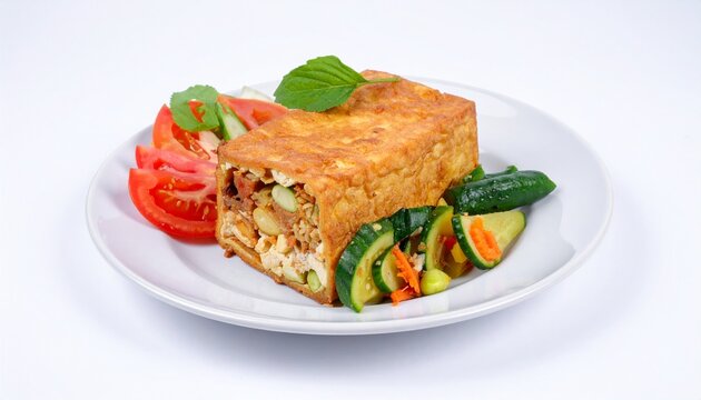 Tahu isi stuffed fried tofu with vegetables, isolated on white background