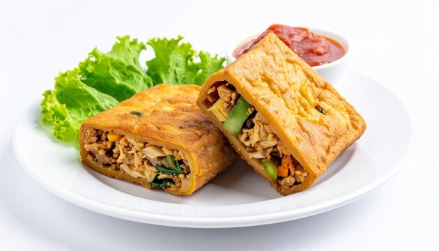 Tahu isi stuffed fried tofu with vegetables, isolated on white background