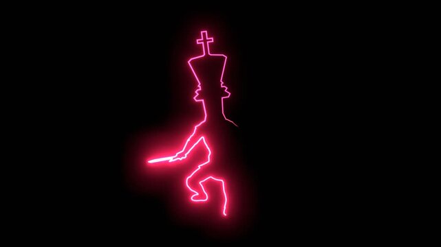 Medieval knight male warrior holding sword and shield. Hero wearing armor. Knight silhouette with chess king head. Mascot and game element. Protection and security. Neon glowing.