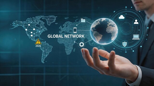 Businessman hand holding glowing globe with global network connections, world map data points and warning sign for 2026, international communication and connectivity concept for