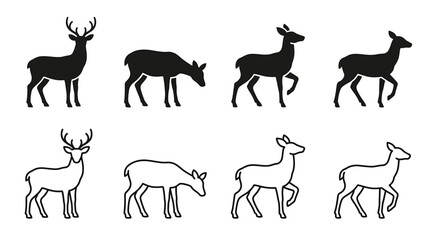 Obraz premium Set of deer silhouettes and line art icons vector illustration of wild animals in different poses, including standing, grazing, and walking