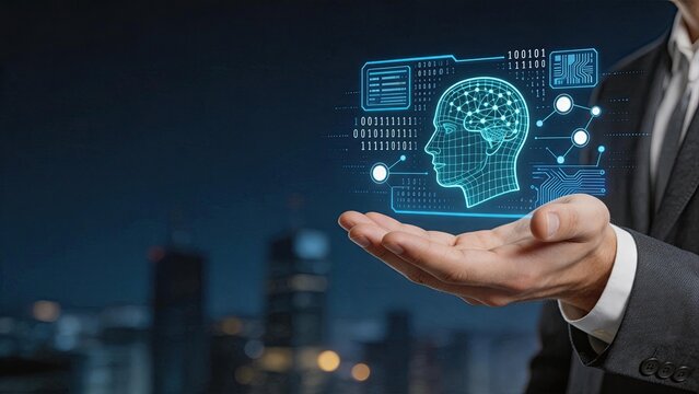 Businessman holding holographic projection of human brain with neural network, artificial intelligence mind map, cognitive computing data analysis, digital transformation and