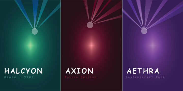 Abstract futuristic vector background set, modern digital art with glowing light rays and text. Halcyon, Axion, Aethra, space and time, creative edition, contemporary mood.