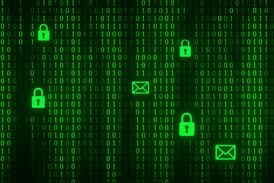 The image displays a digital background of green binary code interspersed with glowing icons of padlocks and envelopes. It represents data security and encrypted communication.