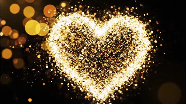 A glowing heart shape is formed from golden particles against a dark background. The particles appear to be swirling and shimmering, with some blurred orbs of light in the foreground.