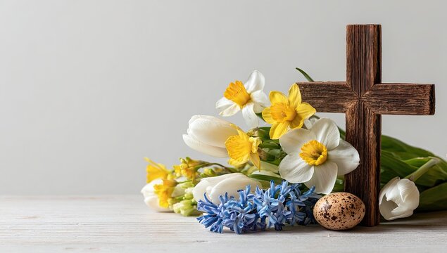 Wooden cross with spring flowers and an egg on a white surface