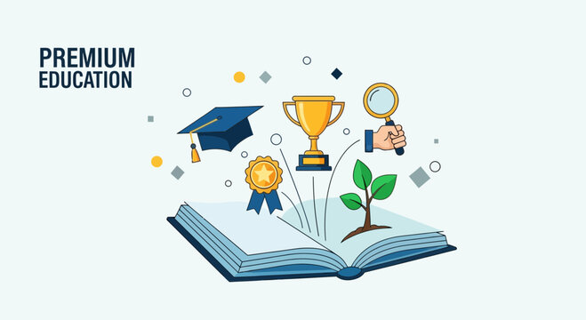 Premium Education Concept: Open Book, Graduation Cap, Trophy, Magnifying Glass, Growing Plant