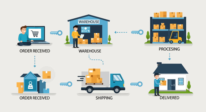 E-commerce Logistics Process: Order Received, Warehouse, Processing, Shipping, Delivery
