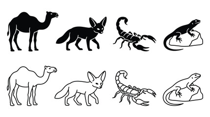 Fototapeta premium Set of desert animals icons, including camel, fennec fox, scorpion and lizard, silhouette and outline style, vector illustration
