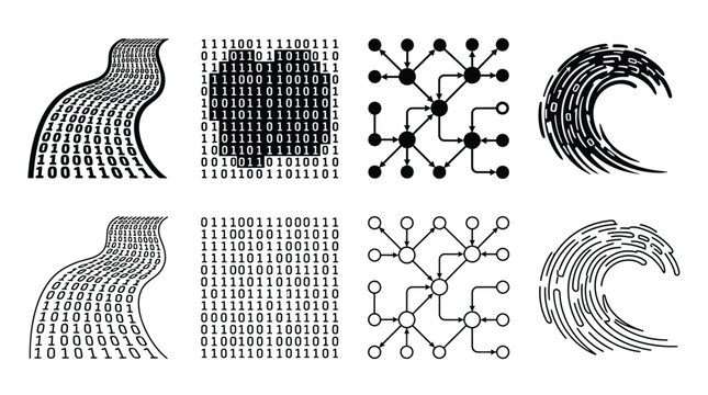 Set of abstract technology icons, digital data stream, binary code blocks, neural network nodes and wave patterns, vector illustration