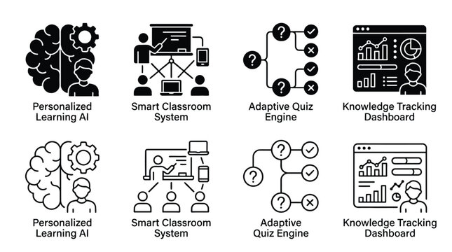 Set of education technology icons including personalized learning ai, smart classroom system, adaptive quiz engine, and knowledge tracking dashboard