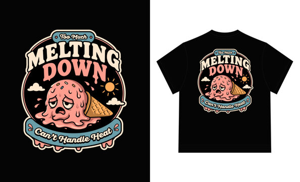 Melting Ice Cream Cone Character with Sad Face on Black T-shirt Design