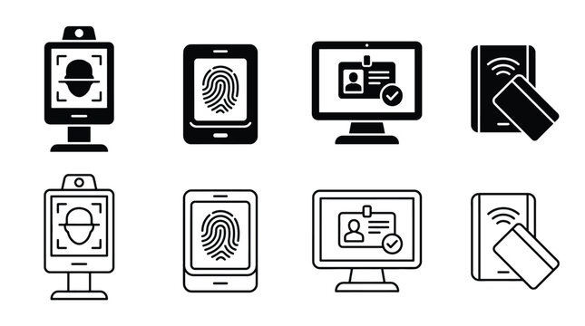 Set of biometric and access control icons, including facial recognition, fingerprint scanner, id card verification, and contactless card reader, vector illustration
