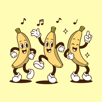 Three Dancing Bananas with Happy Faces and Music Notes on Yellow Background