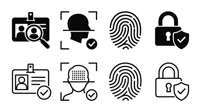 Set of security and identification icons, including id card, face recognition, fingerprint scan, and secure padlock with shield