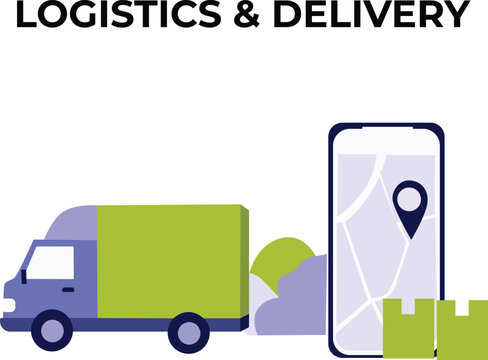 Logistics and Delivery Service Concept with Map Navigation, Smartphone, Delivery Car and Smart Tracking System Illustration