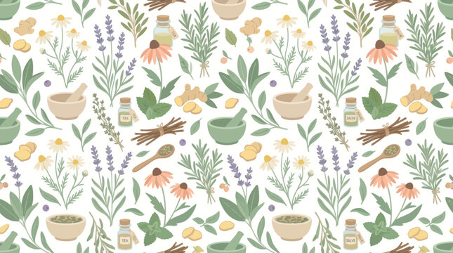 Seamless pattern of herbs, flowers, and mortars for herbal medicine and aromatherapy