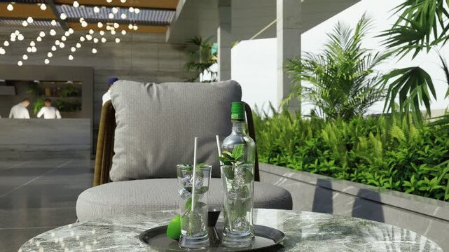 Luxury restaurant terrace with wooden table and chairs overlooking a beautiful outdoor garden view